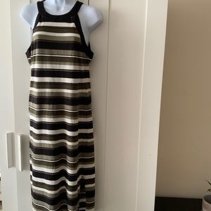 Micheal Kors, sleeveless straight dress, size small, striped green, black, cream